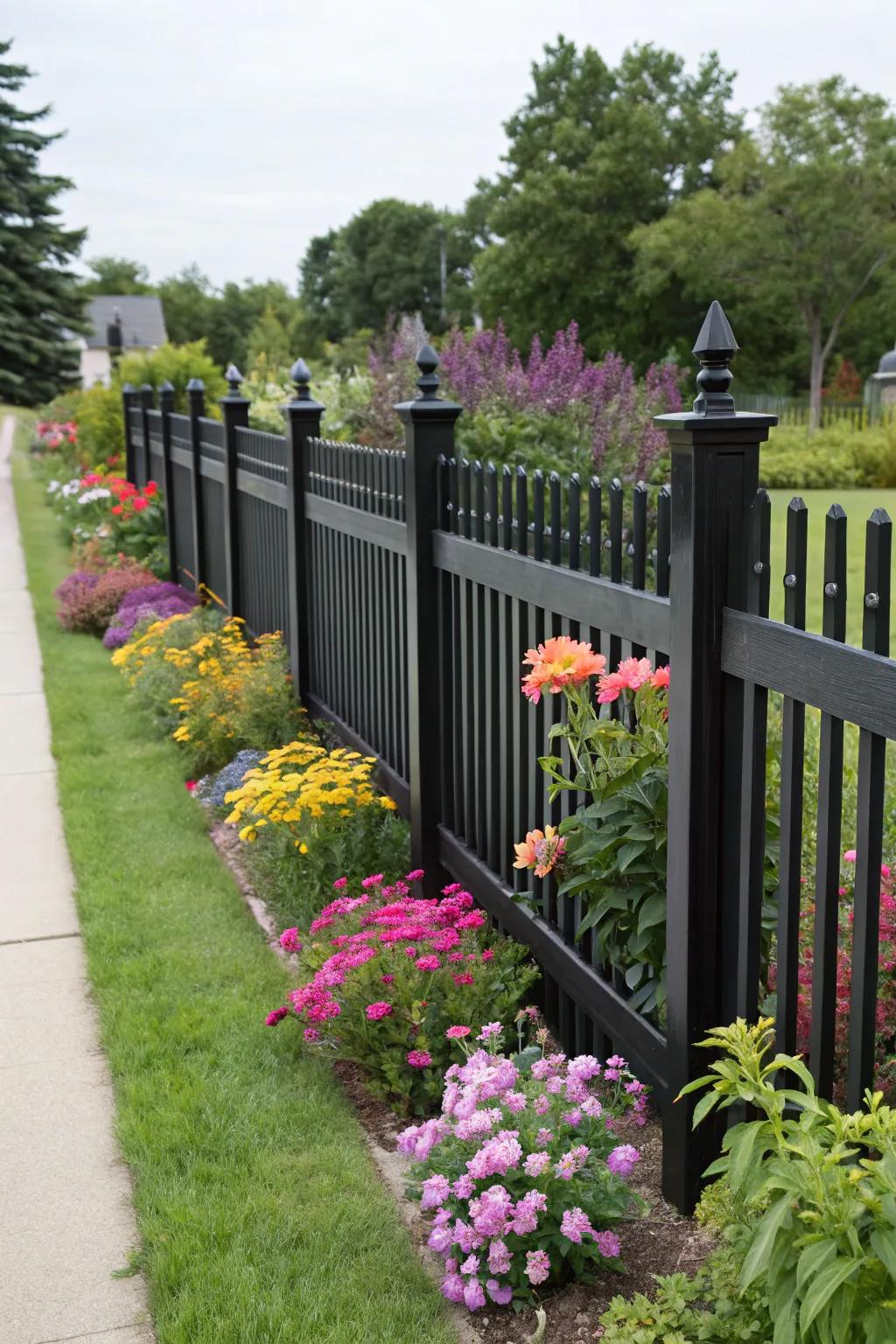 A striking sable picket fence delivers a modern aesthetic.