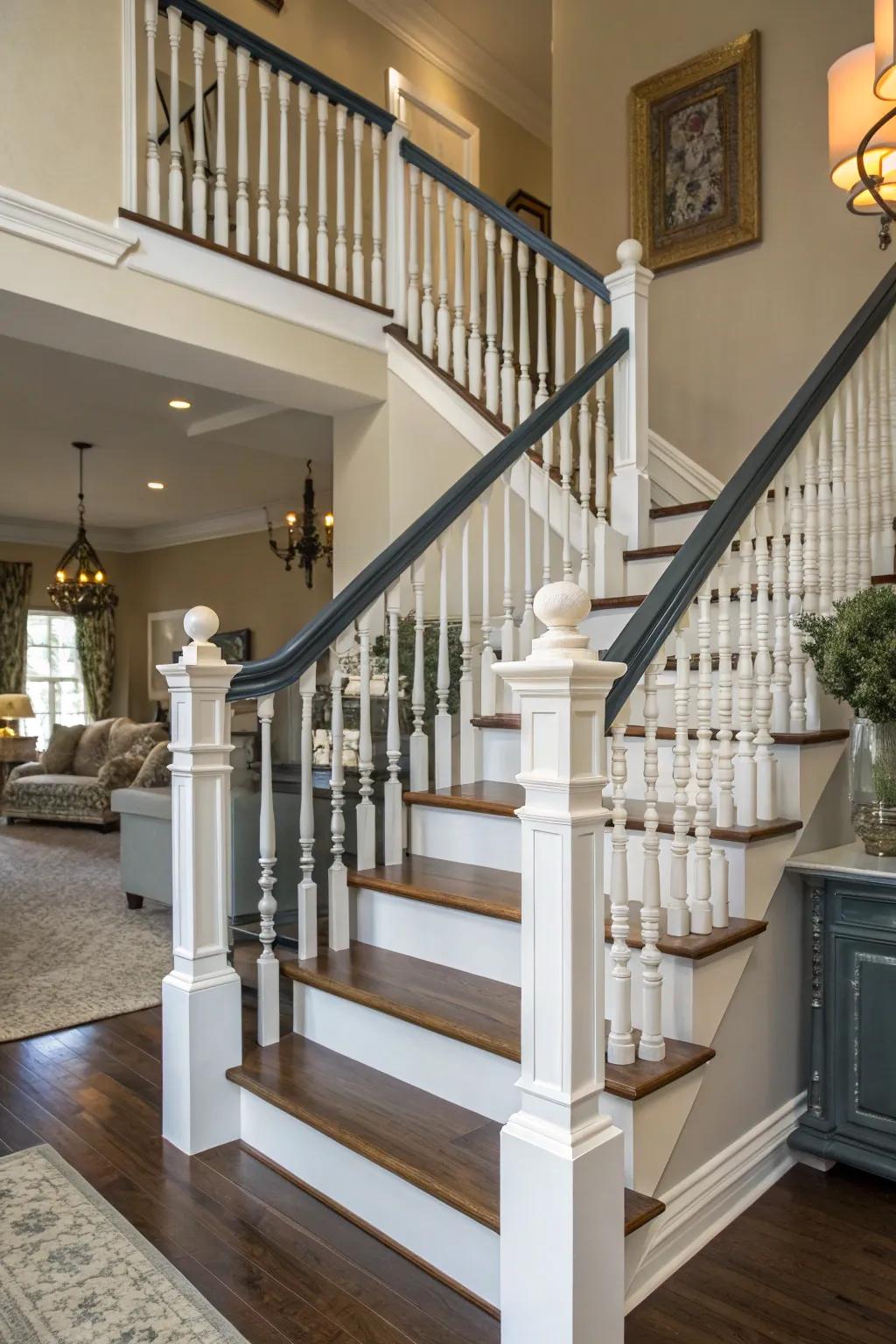Two-tone banisters add a dynamic twist.
