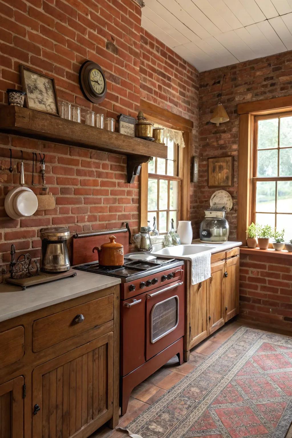 A welcoming cooking space where rustic red brick walls meet heritage charm.