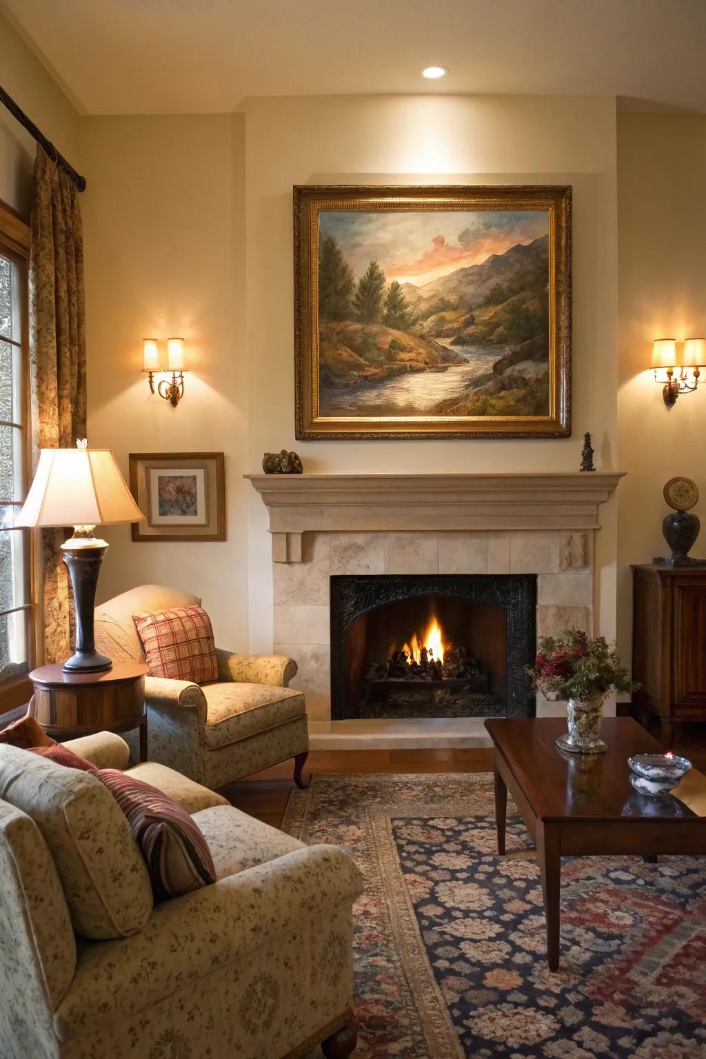 A living area presenting a prominent central artwork positioned over the mantel.