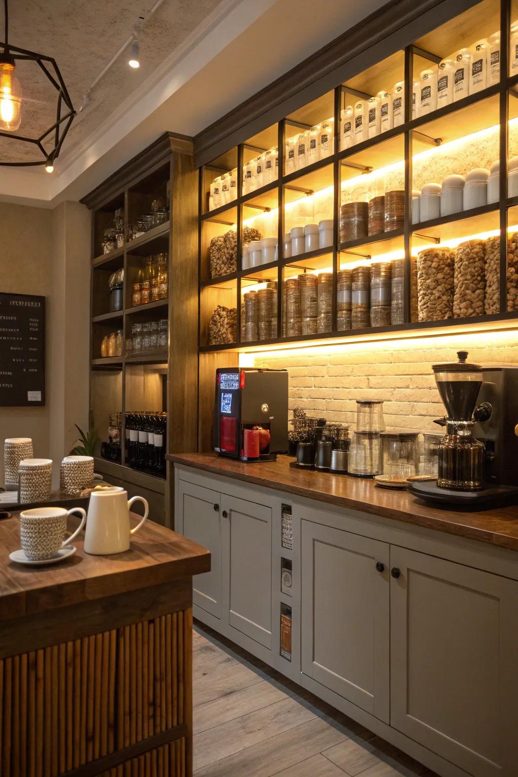 Incorporated lamps elevates the visual elegance of a coffee bar.
