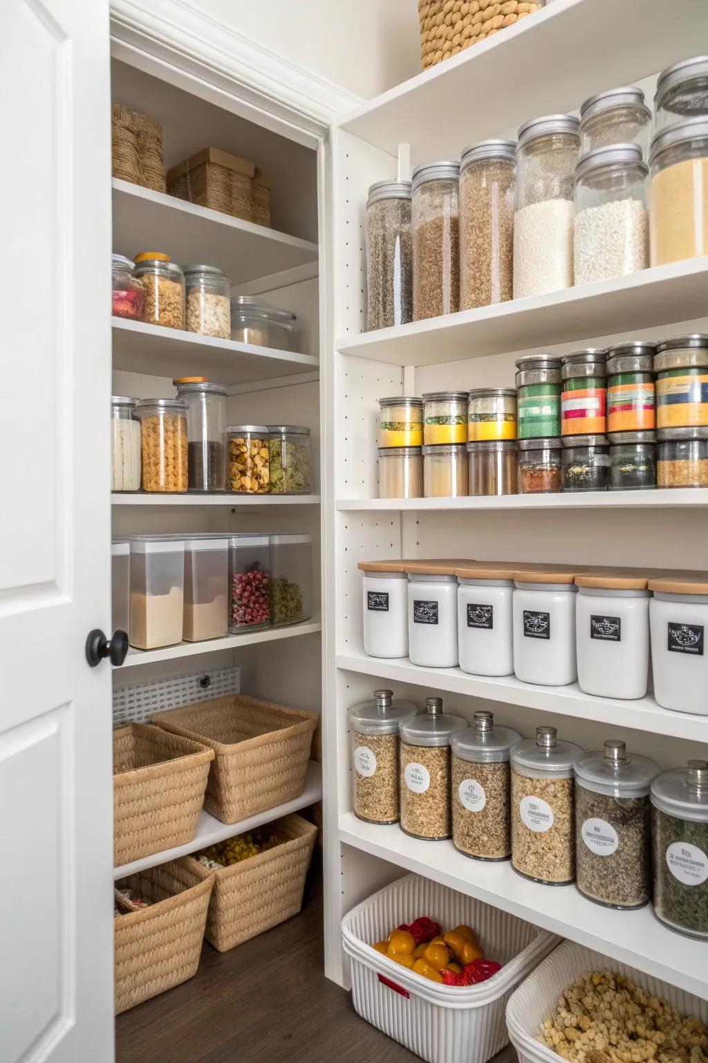 Marked vessels and receptacles in a pantry construct a streamlined and orderly aesthetic.