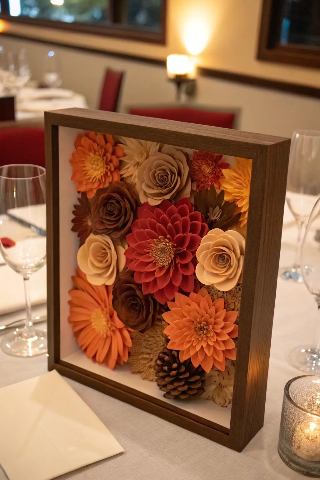 A seasonal shadow box encapsulates the essence of autumn.