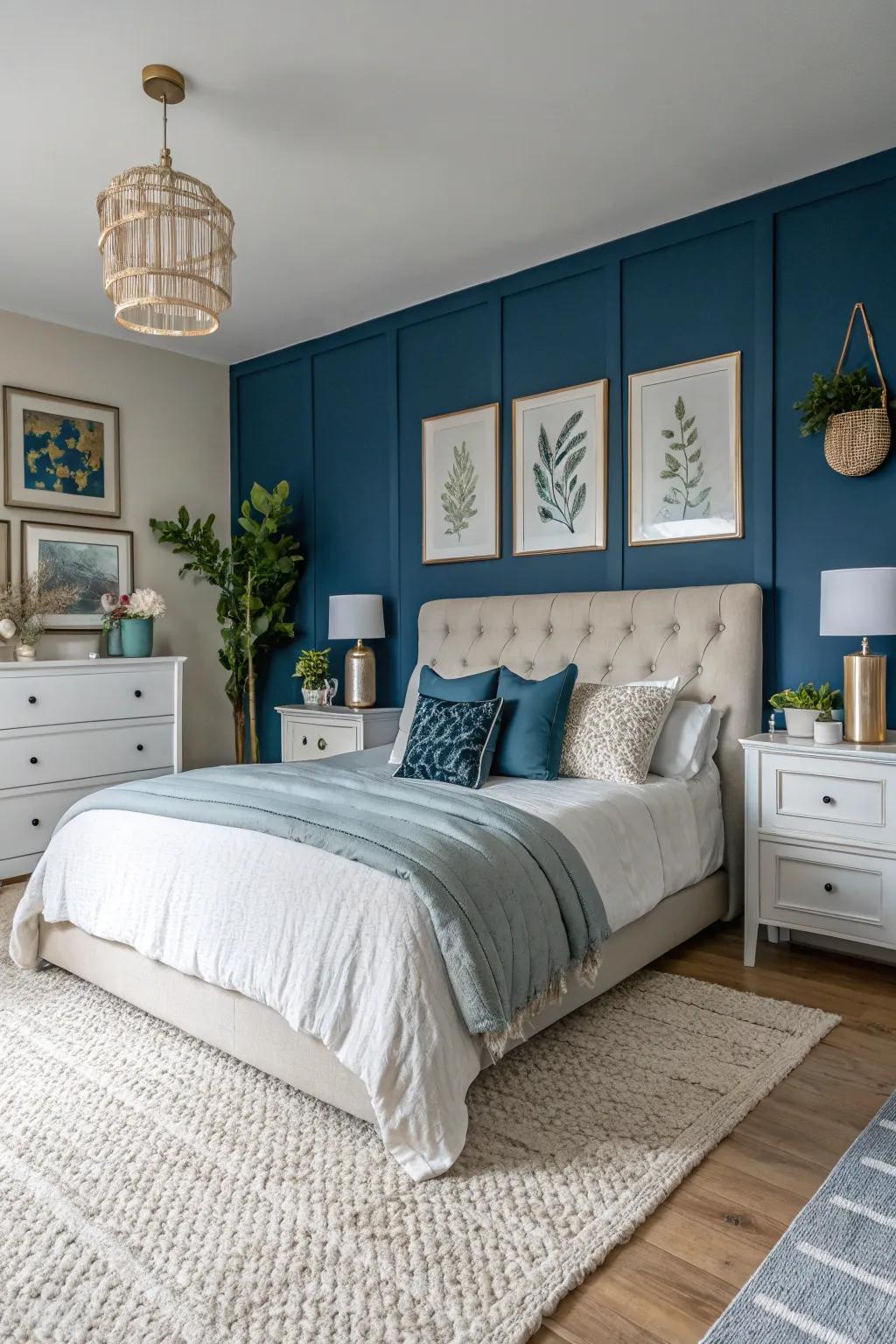 A striking feature wall enriches the room's persona.