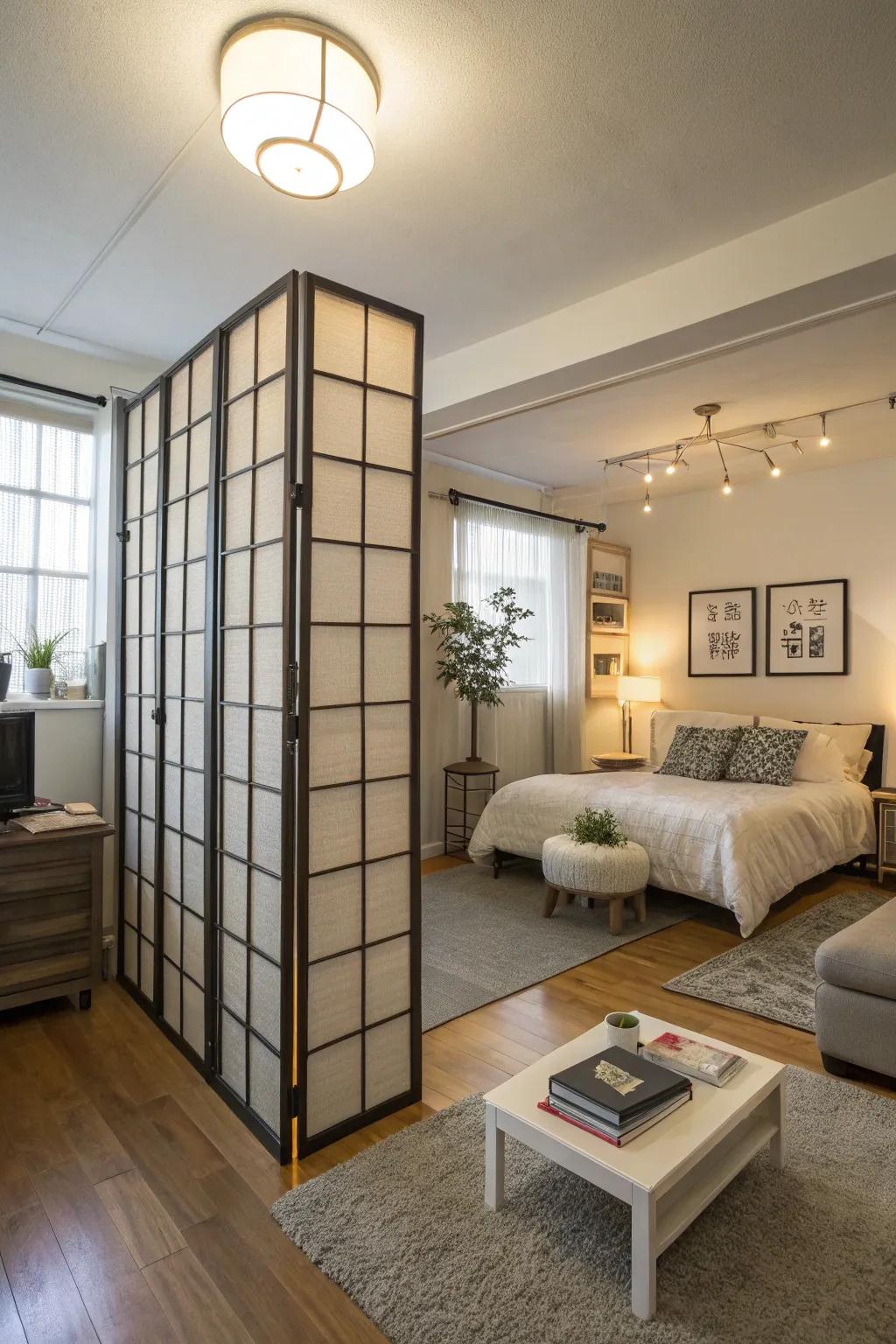 Floor-to-ceiling dividers furnish substantial separation.