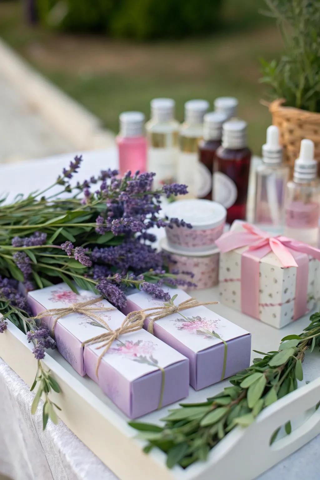 Party favor table decorated with fresh lavender and verdant foliage.