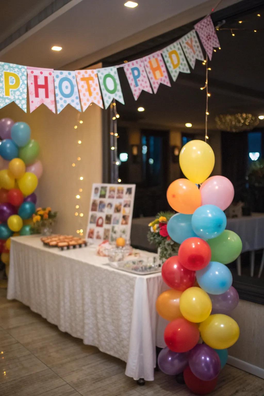 Celebratory elements such as colorful balloons and banners, infusing the table with a festive spirit