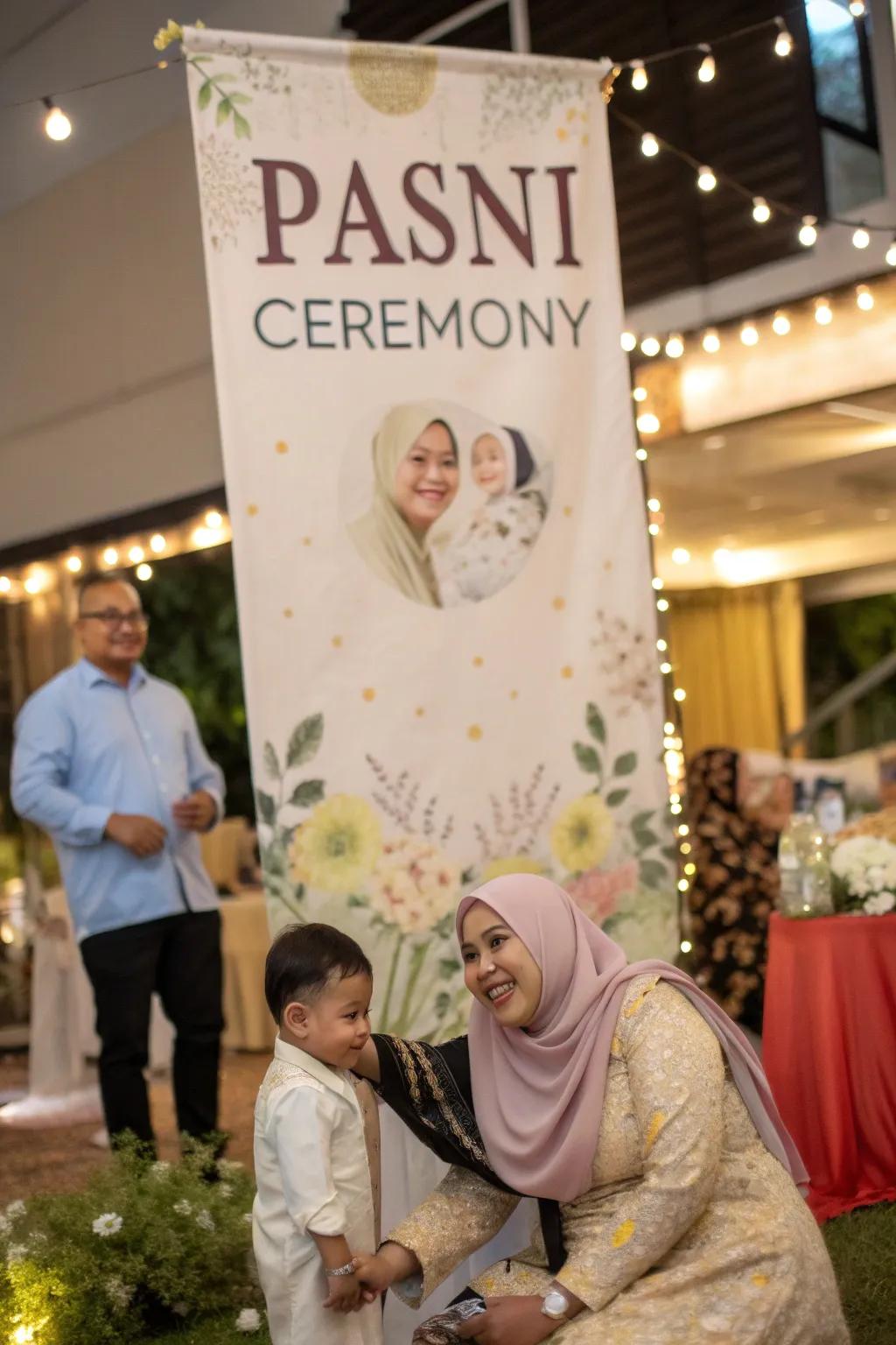 A customized banner personalizing the rice-feeding ceremony.