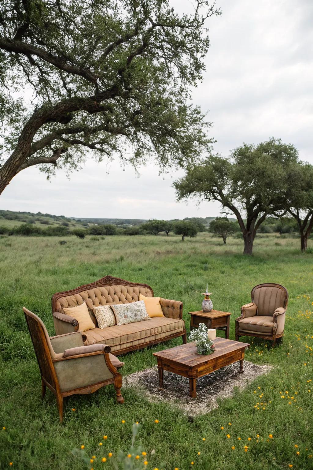 Aged furnishings forming a lounge area in the pasture.
