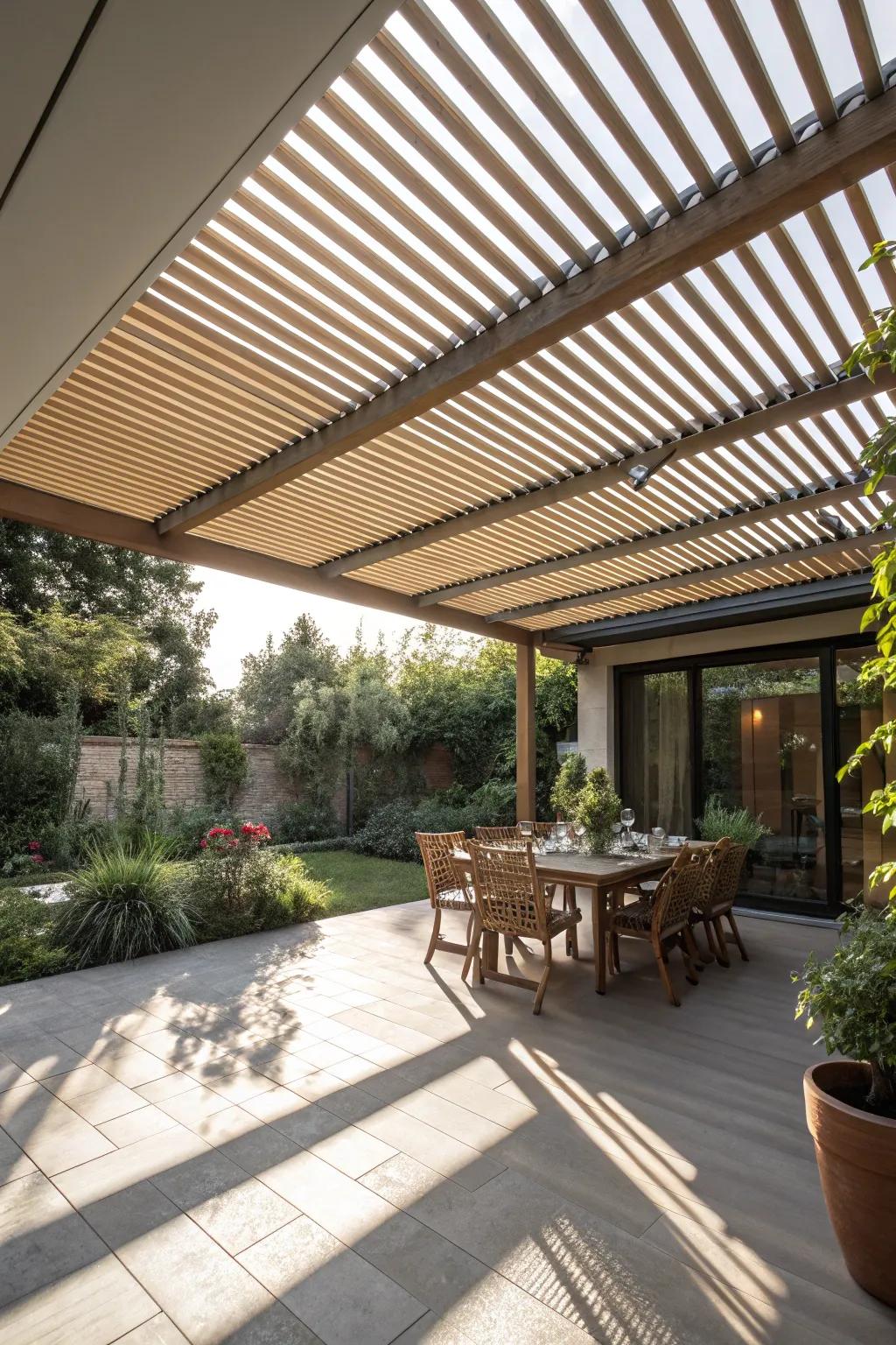 Slatted roofs afford adaptable shade and safeguard from the weather.