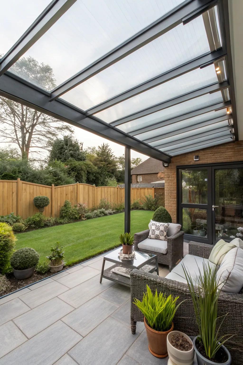 Glass or polycarbonate roofing permits light while warding off rain.