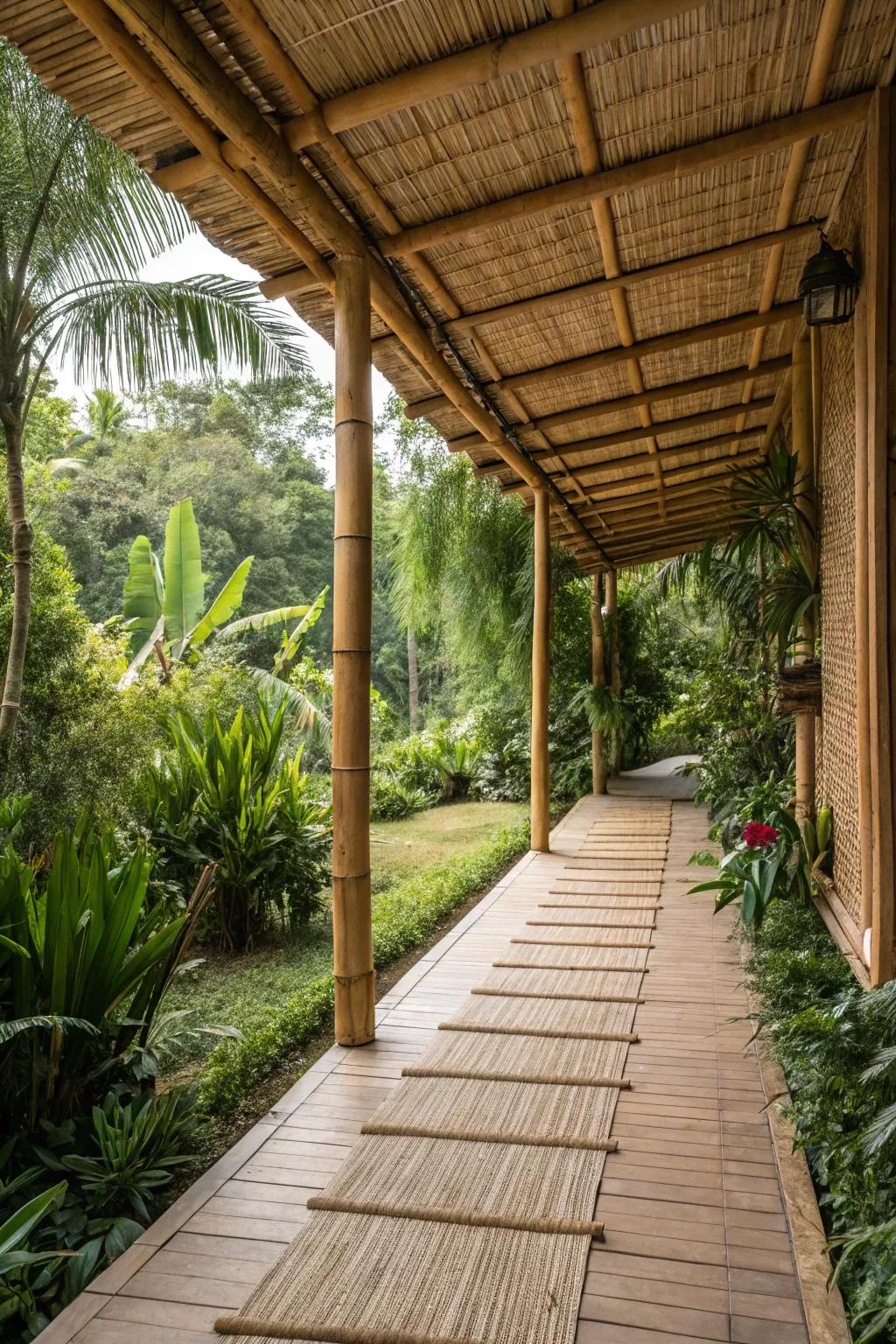 A bamboo and reed canopy gives your patio a tropical feel.