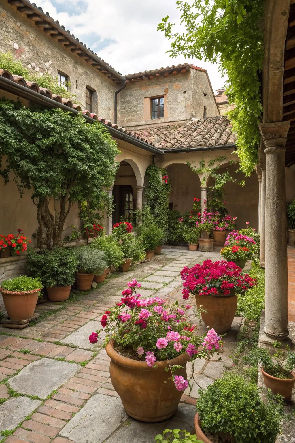 Terracotta pots lend allure to this Italian garden design.