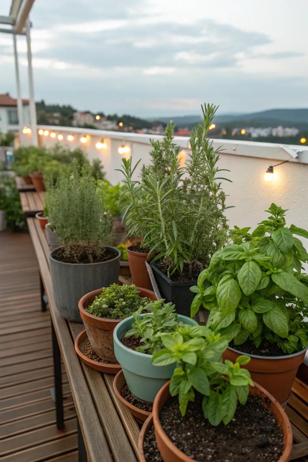 Establish an aromatic herb sanctuary with containers of fresh herbs.