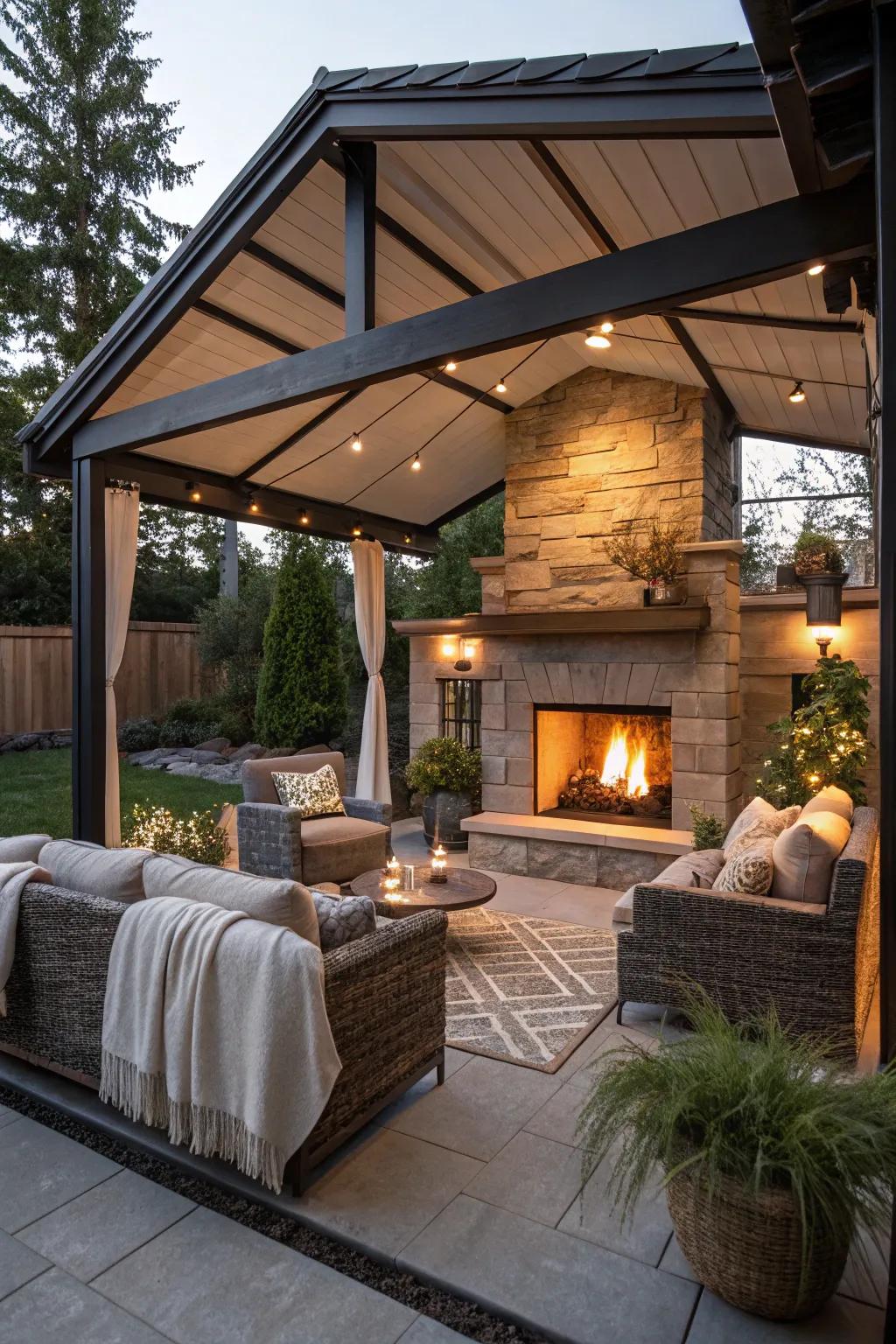 A fireplace enriches warmth and charm to your patio space.