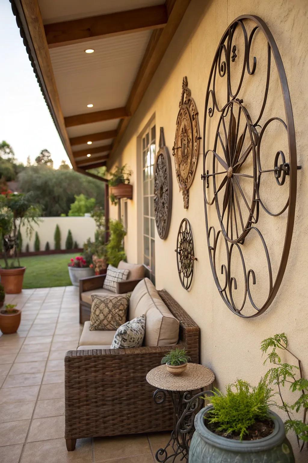 Modern metal art makes a striking statement on the patio wall.