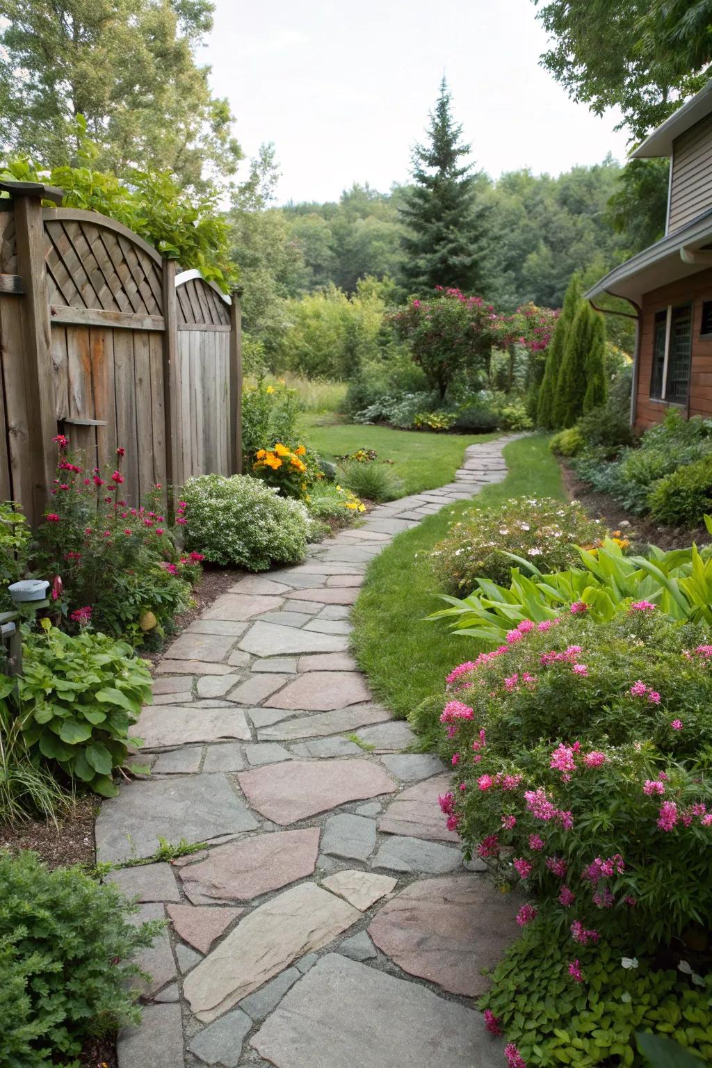 A natural flagstone walkway harmonizing with surrounding garden greenery.