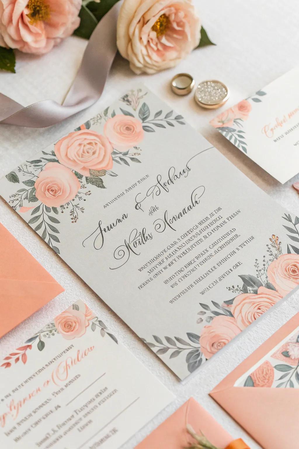 Fashionable apricot and stone stationery to establish the ideal ambiance.
