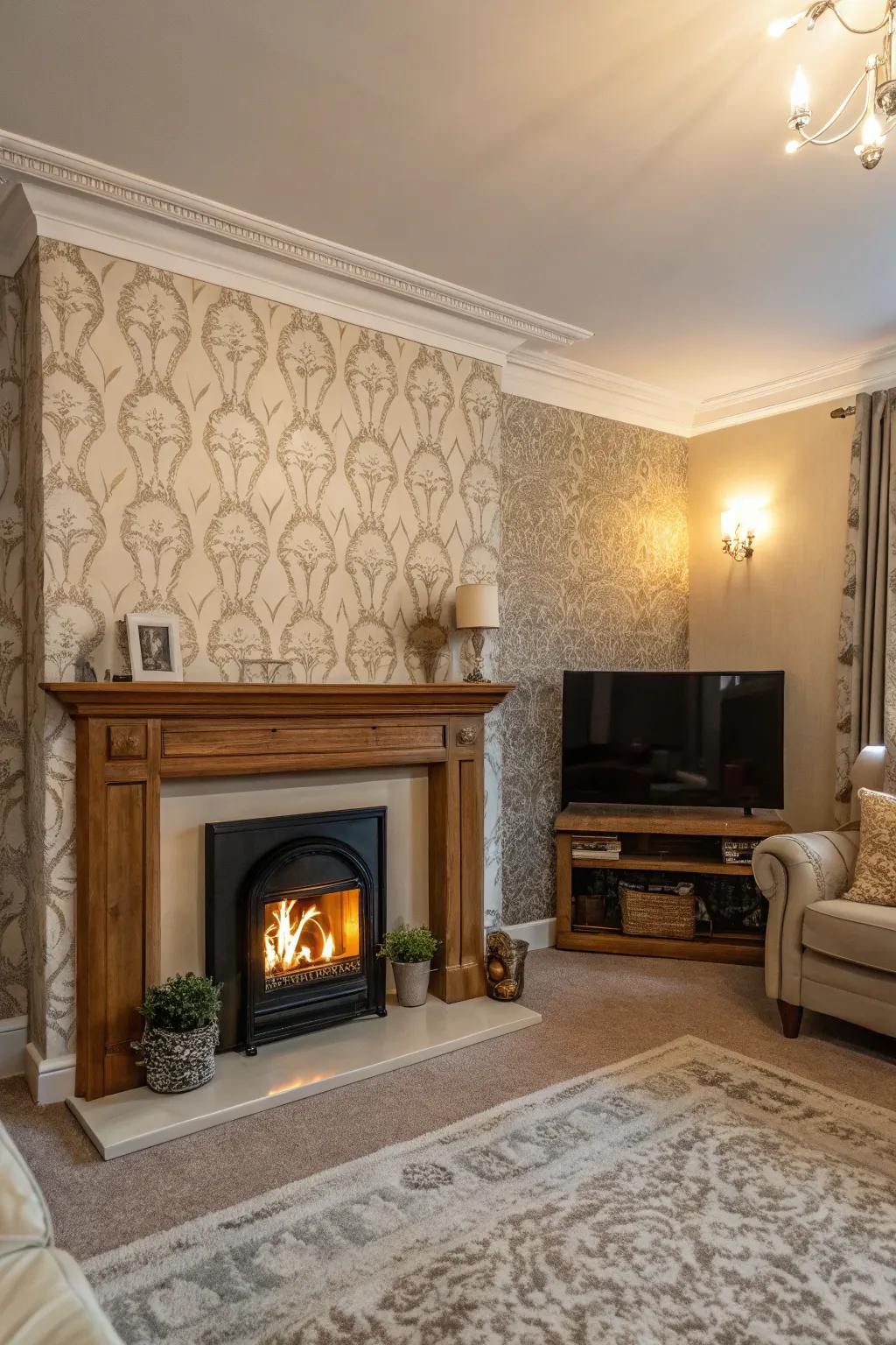 Redesign your fireplace as the room's focal point utilizing textured wallpaper.
