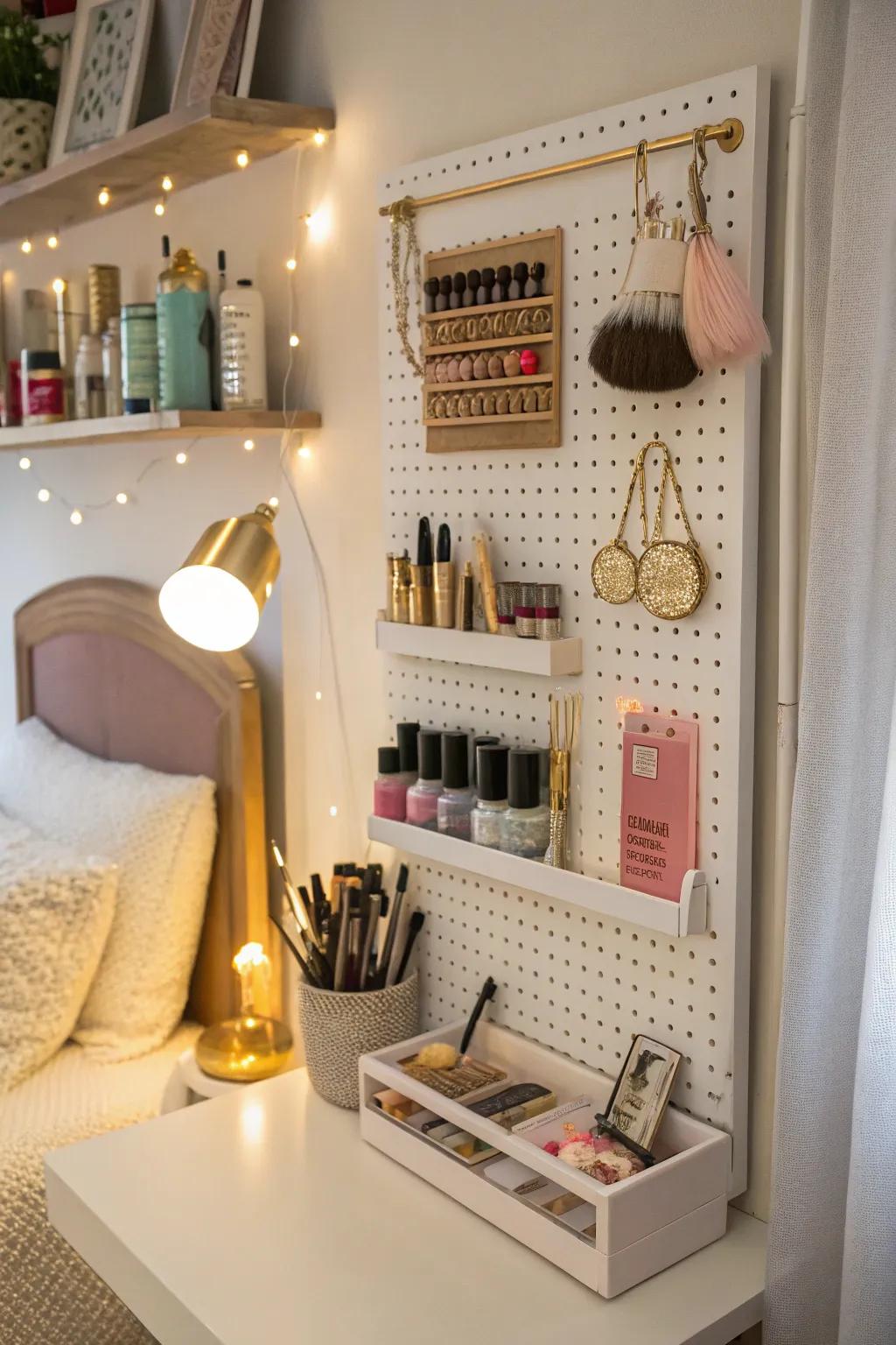 A pegboard beauty station for organized elegance.