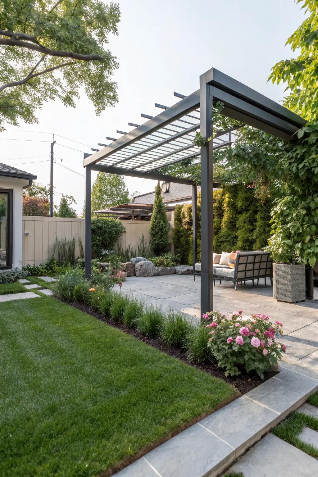 A metallic pergola delivers a stylish, modern visual.