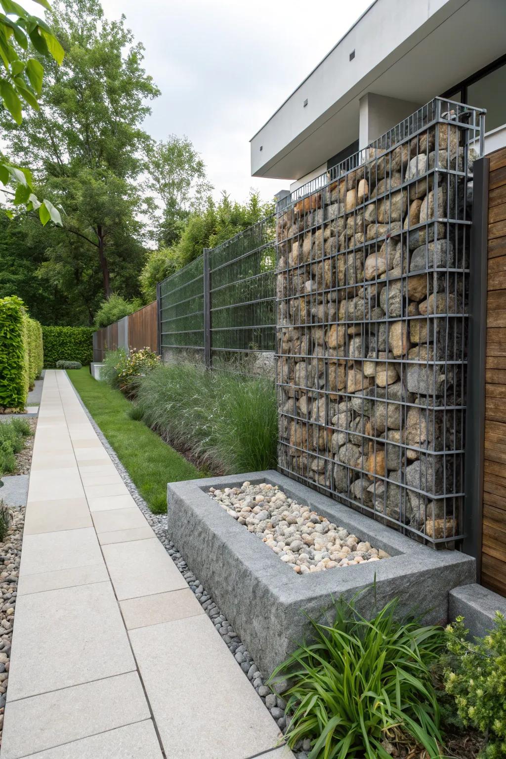 Gabion walls present a sustainable and modern design.