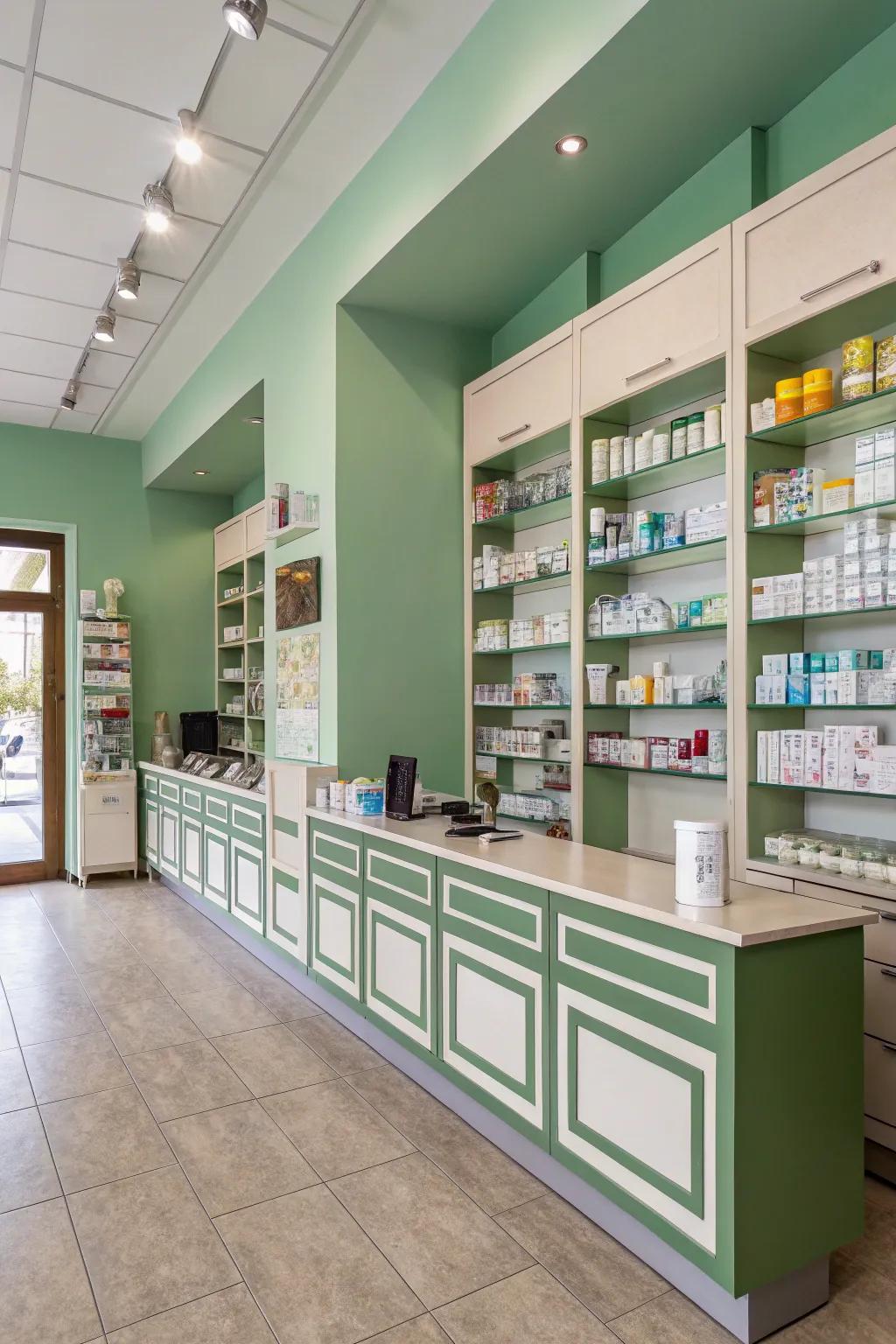 A soothing nature-inspired and subtle color scheme in a pharmacy