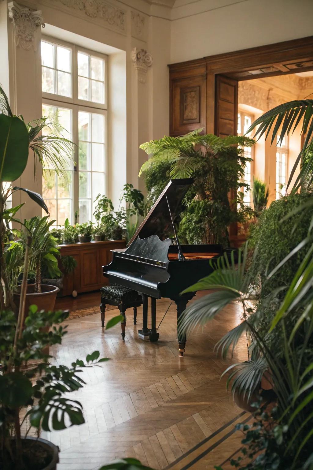 Natural elements introduce liveliness and a natural touch to the piano space.