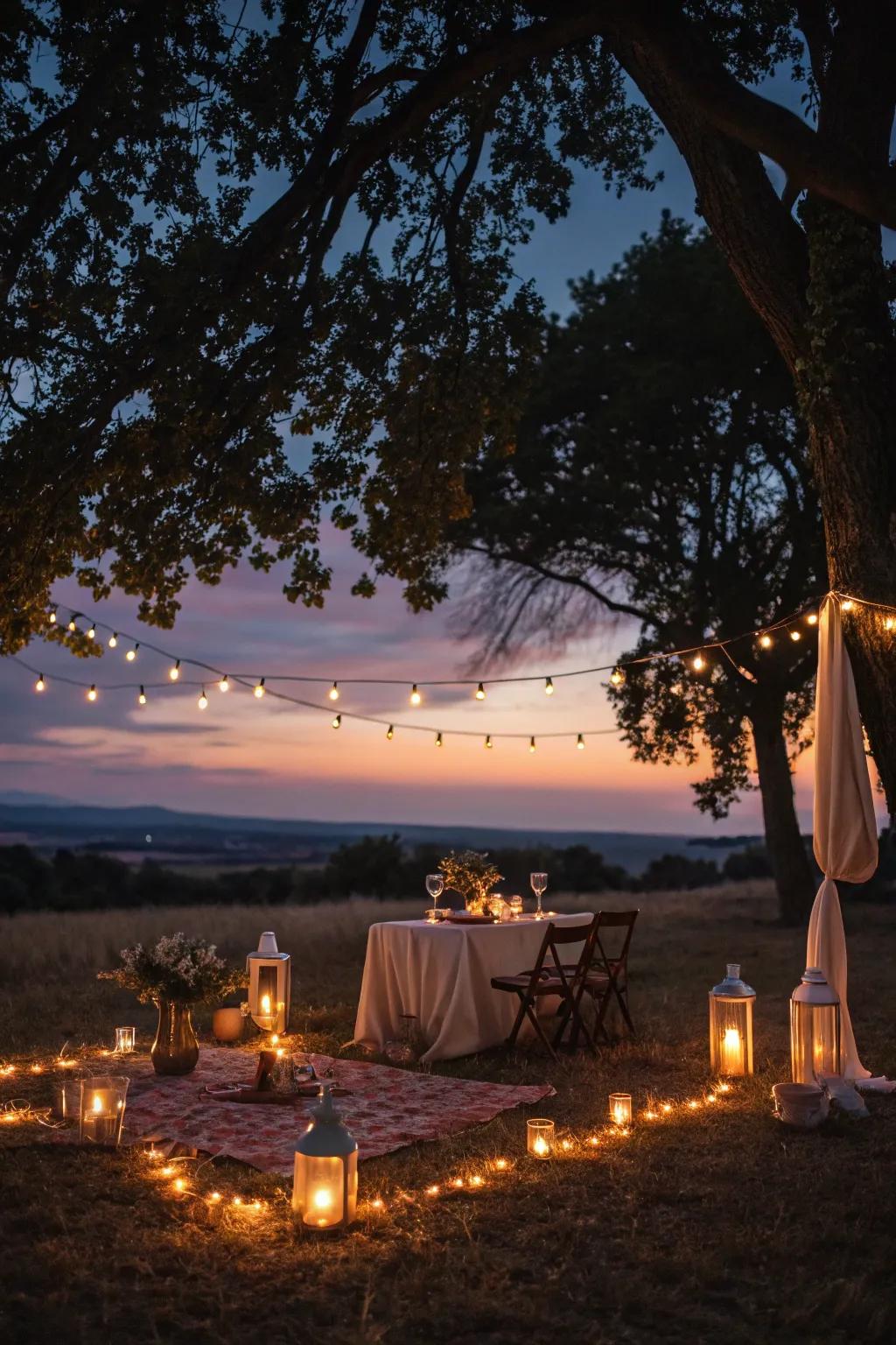Candles and fairy lights fashion a bewitching evening picnic ambiance.