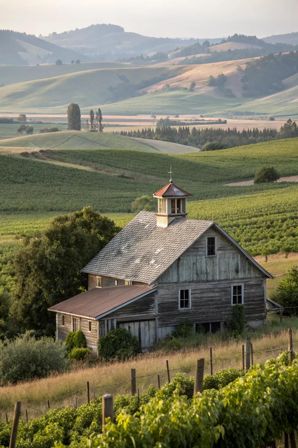 A rustic farmhouse enhanced by a functional vented cupola.