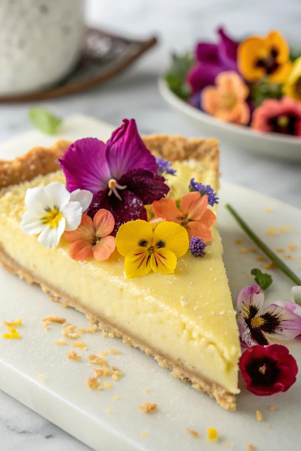 A pie slice adorned with a medley of vibrant edible flowers.