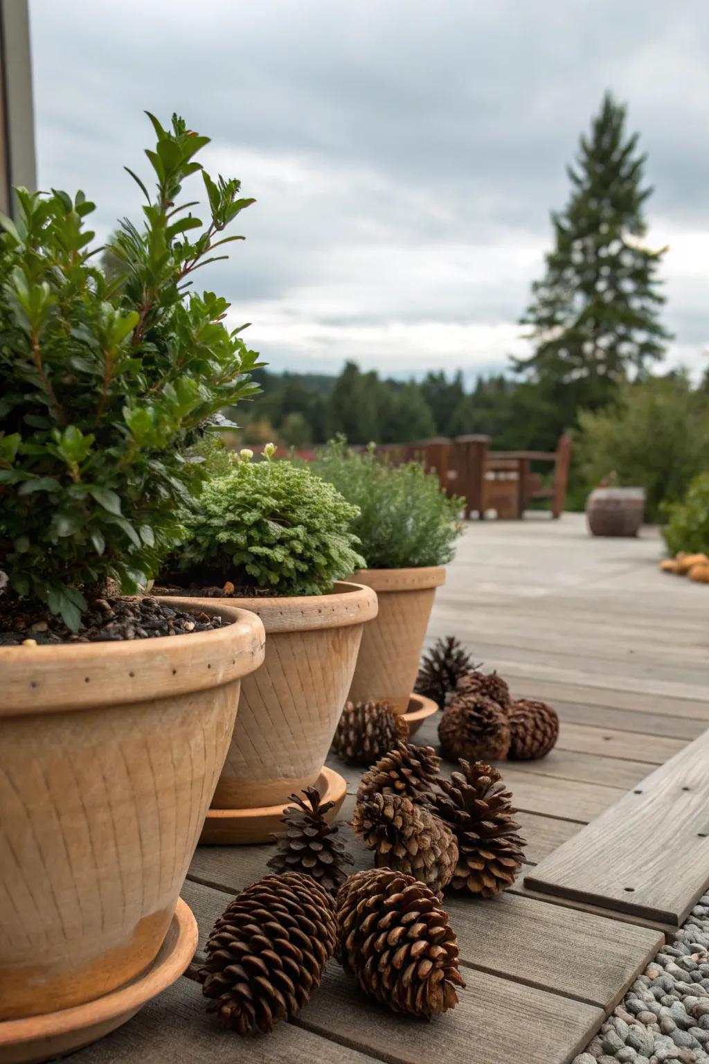 Pinecones used as mulch in pots help sustain plant hydration.
