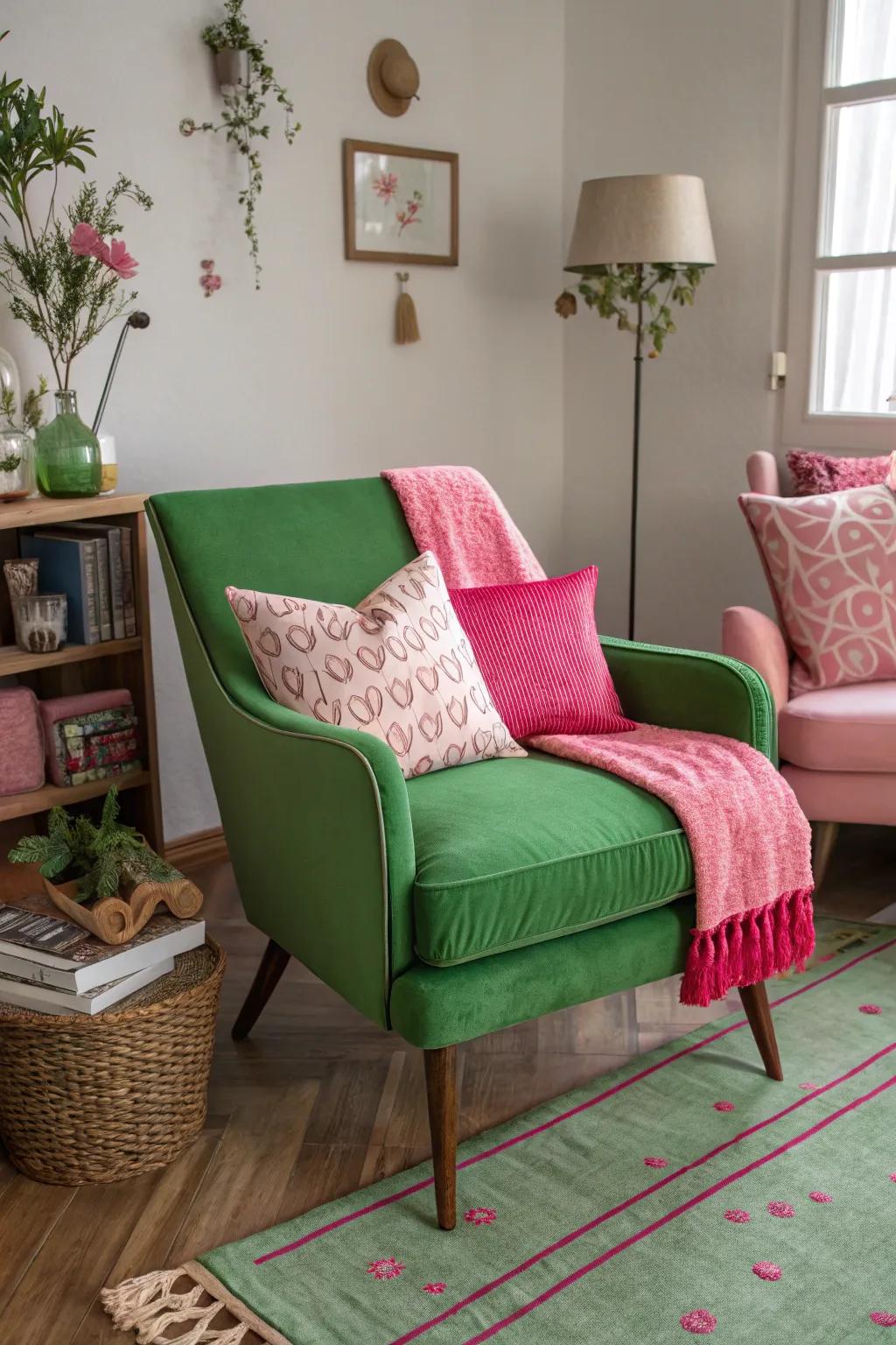 Green chair with pink decorations creates a striking contrast.
