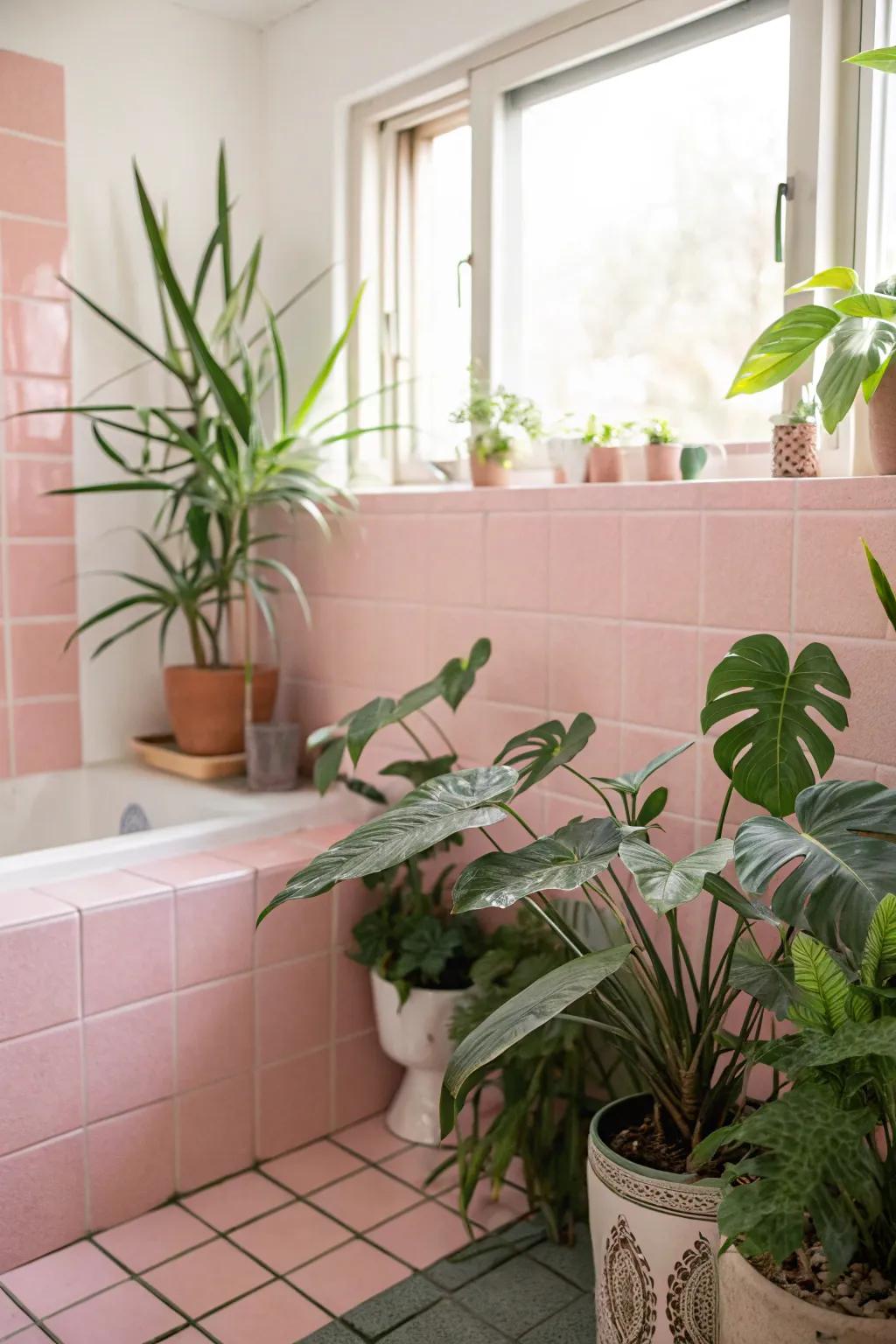 Rose and verdant hues fashion a harmonious bathroom area.