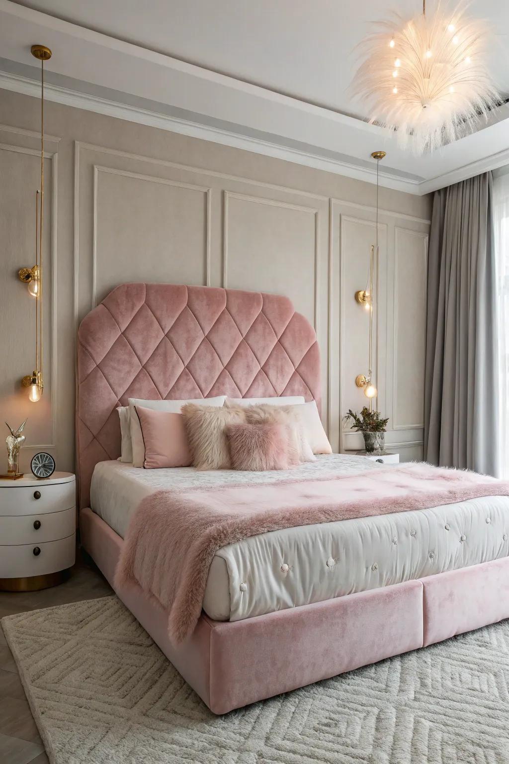 A cozy and fun bedroom highlighting a plush fluffy headboard.