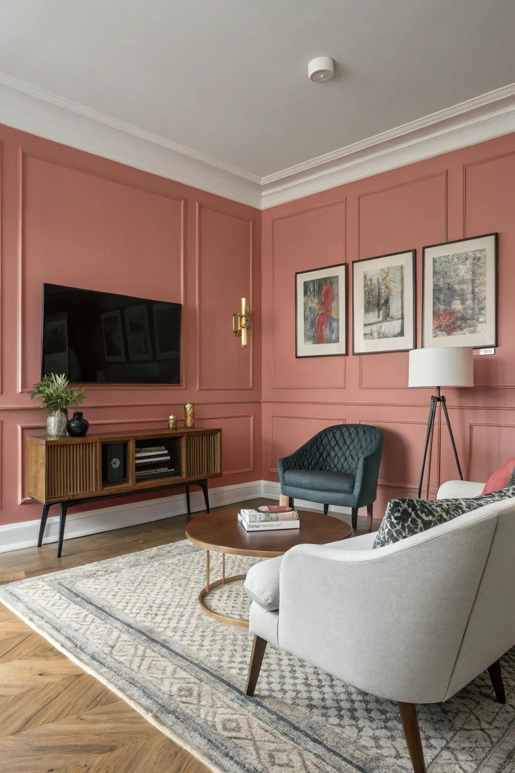 Rose wood paneling enriches dimension and charm to the area.