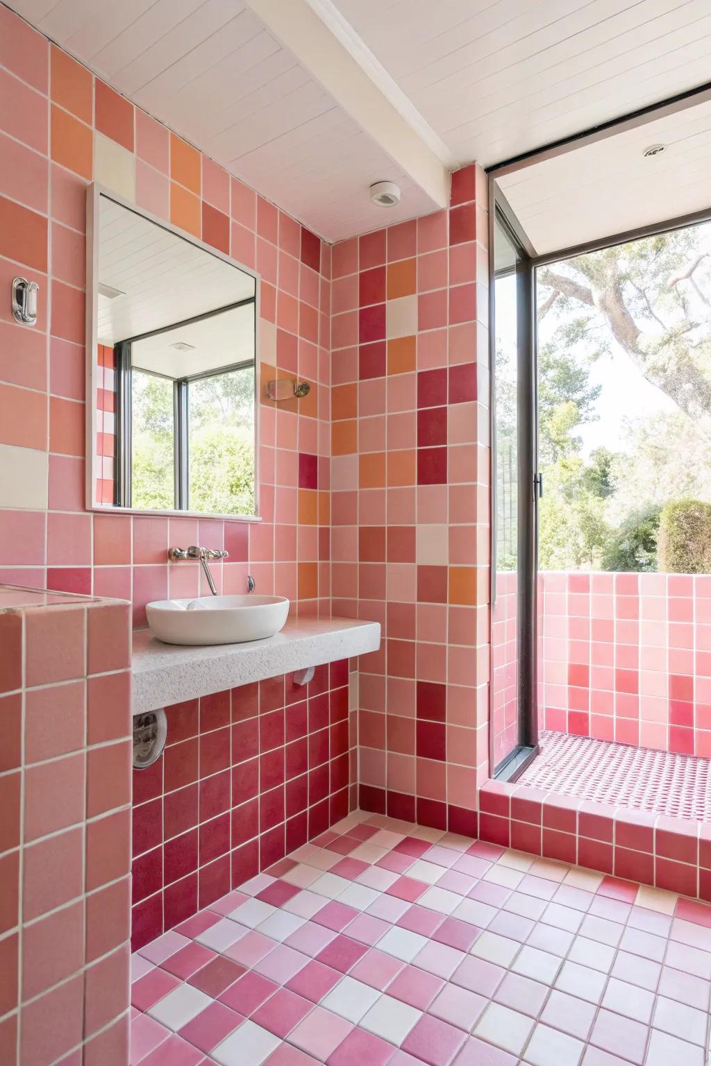 A bathroom with lots of different pink tiles.