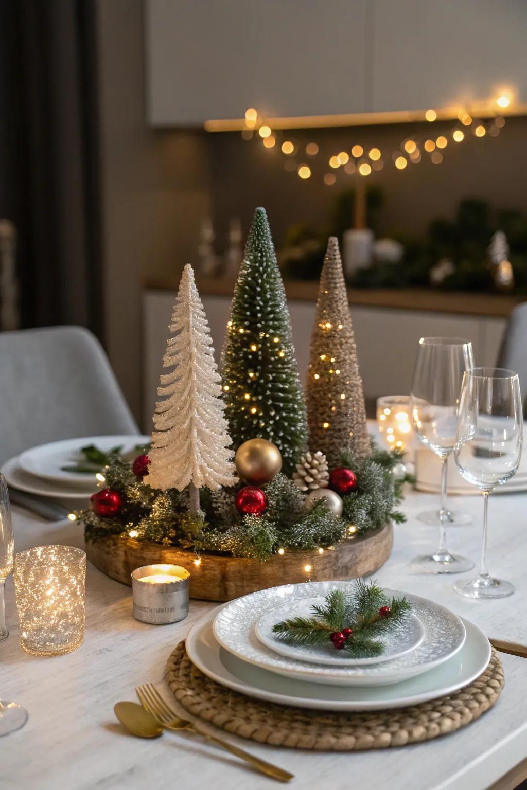 Miniature tree displays add a festive touch to your dining table.