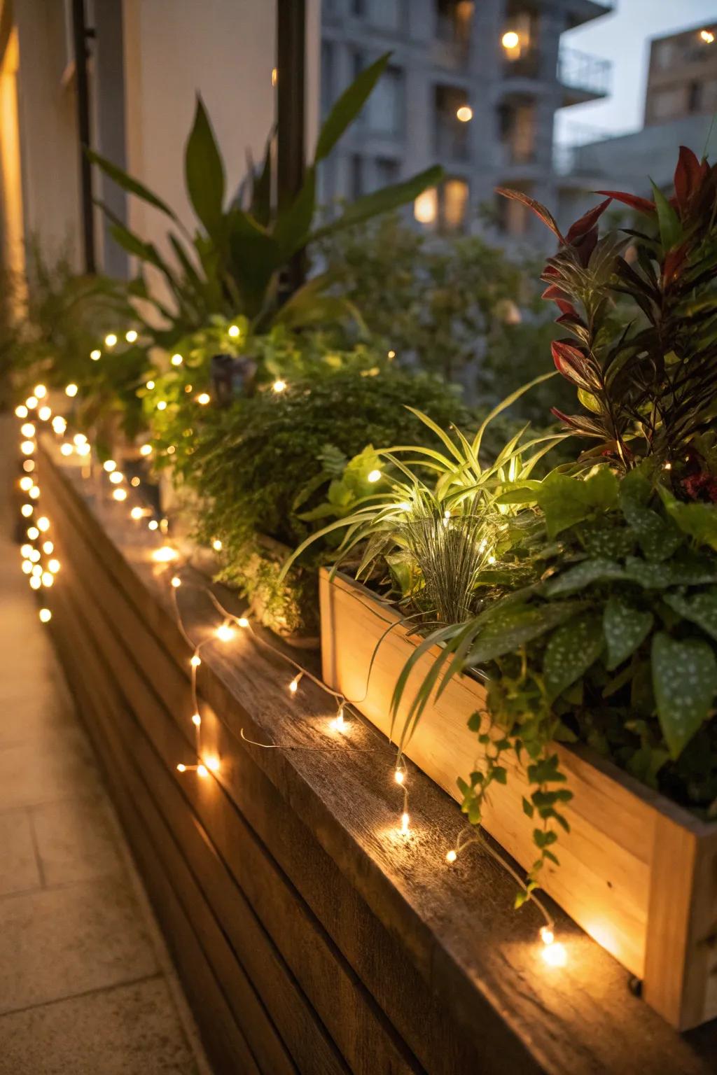 Gentle lighting engenders a cozy and inviting atmosphere on this plant ledge.
