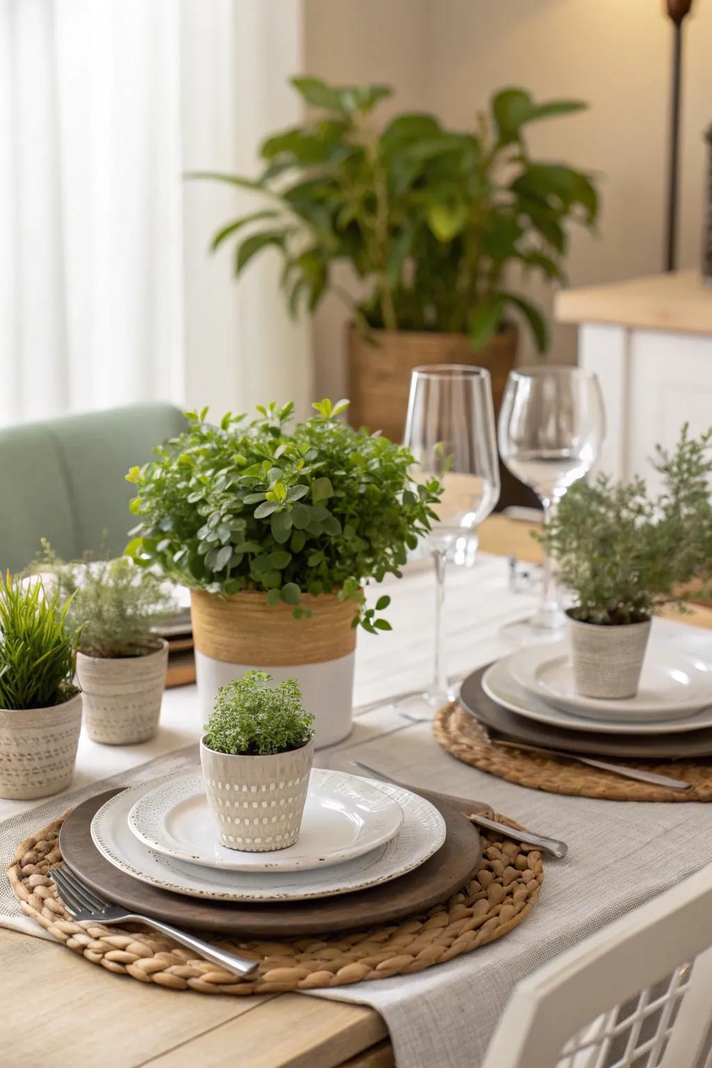 A fresh take on dining decor with plant centerpieces.