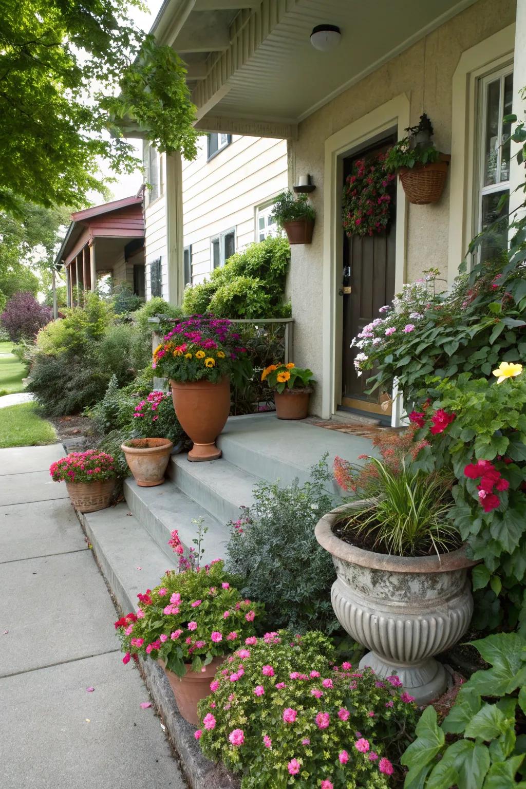 Pots and planters enhance the entrance with charm and elegance.