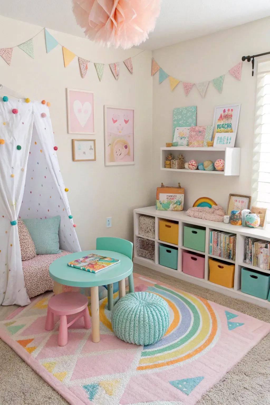 Color coordination adds vibrancy and cohesion to the playroom.