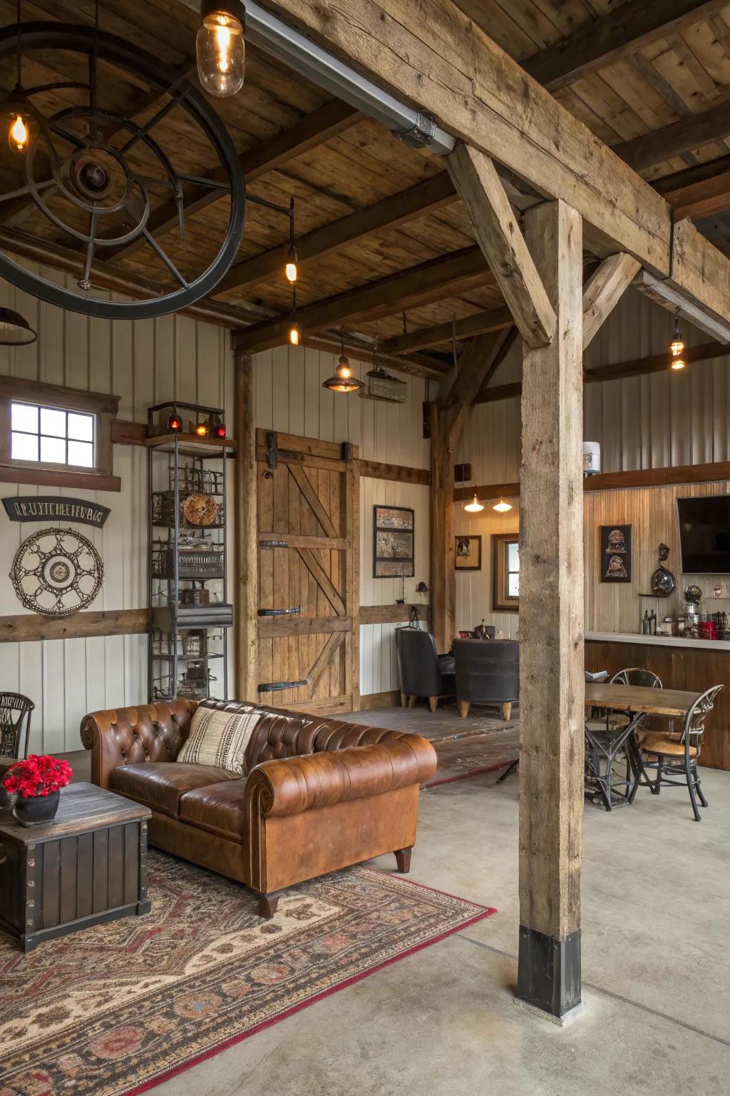 Rustic industrial elements introduce a charming dimension to your man cave.