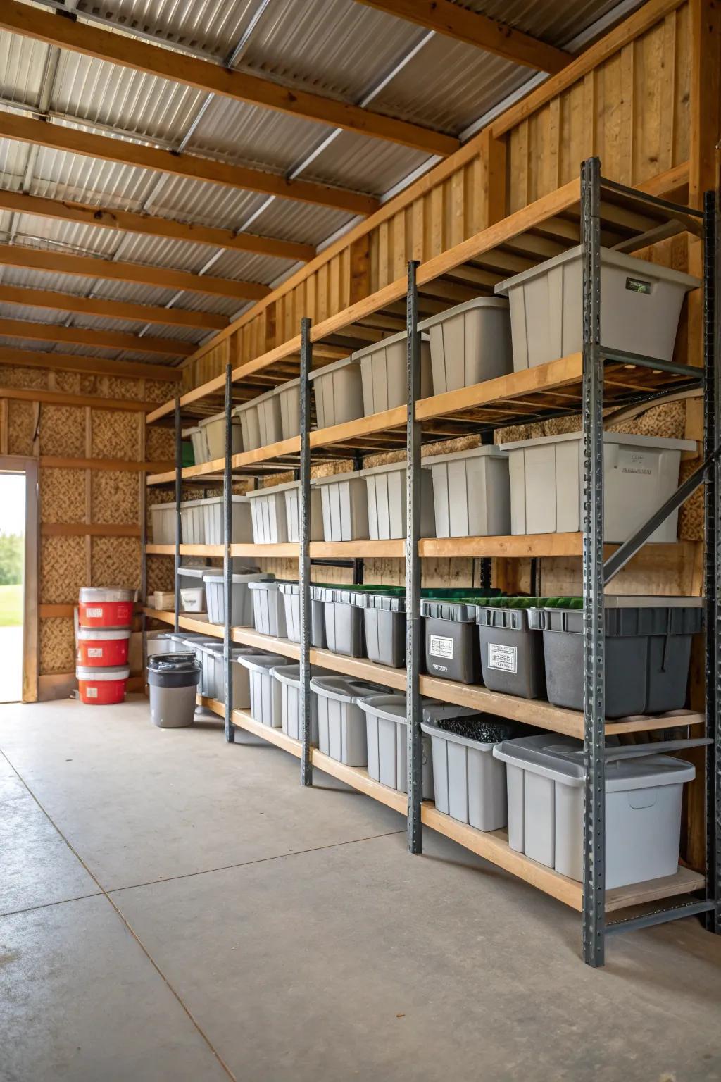 Freestanding shelves deliver adaptable storage options.