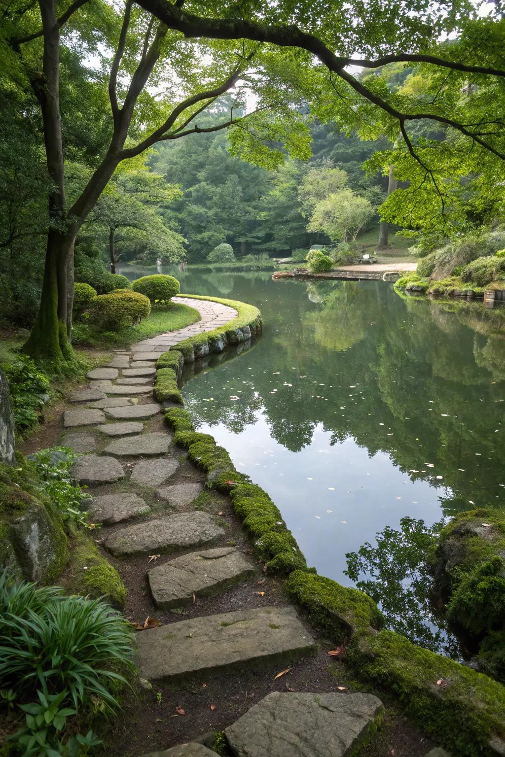 Stone walkways beckon exploration around this tranquil pond.