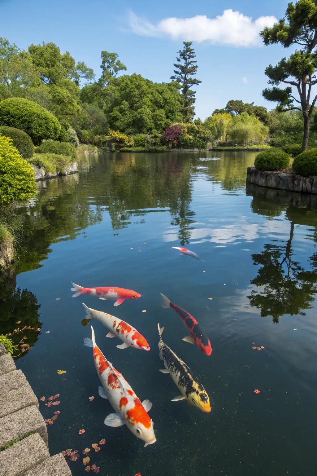 A collection of koi fish bringing energy to a serene pond scene.