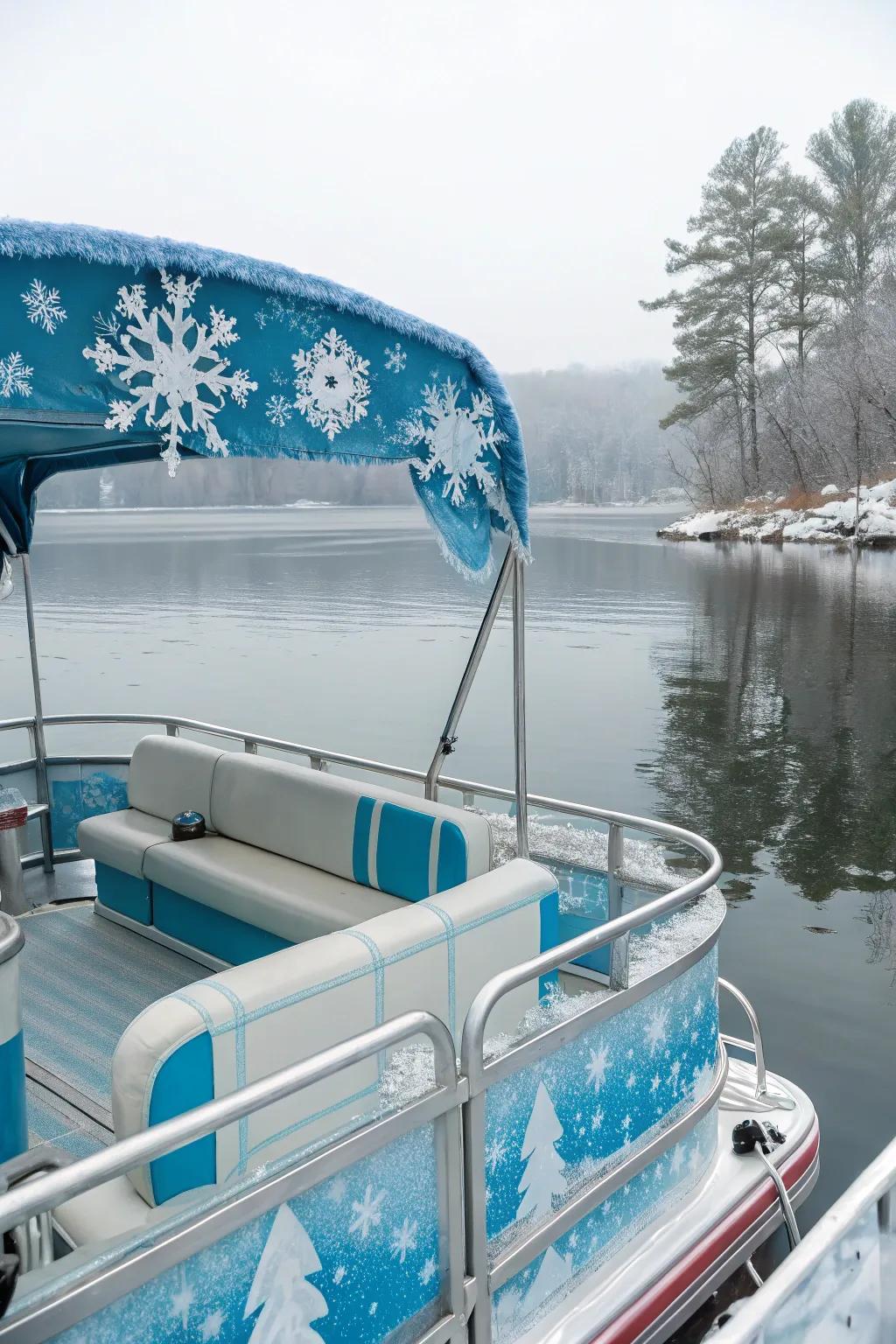 An arctic scene-themed pontoon boat featuring shimmering ice crystals.
