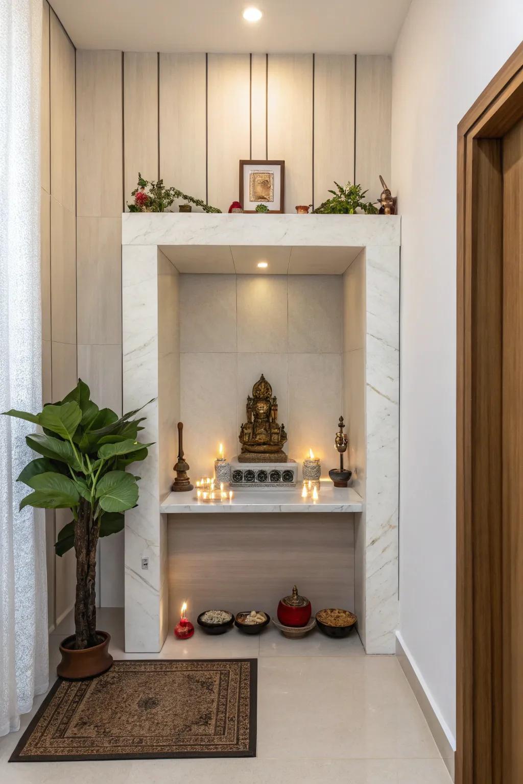 Compact yet functional, this pooja corner maximizes the use of limited space.