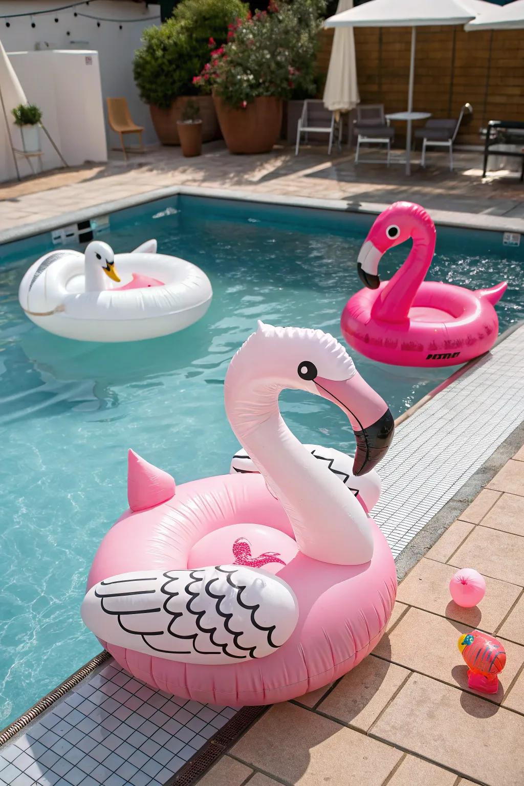 Inflatables add a playful touch to pool parties.