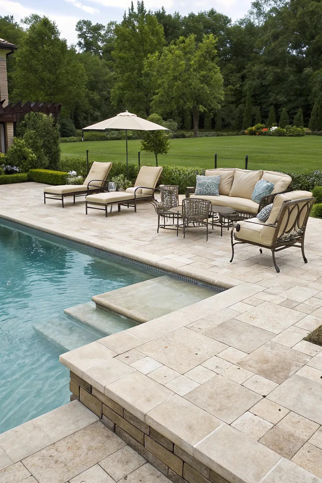 Pearl stone trim adds a hint of sophistication to any pool.
